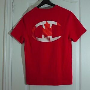 Champion red tshirt with Canadian flag graphic on the back